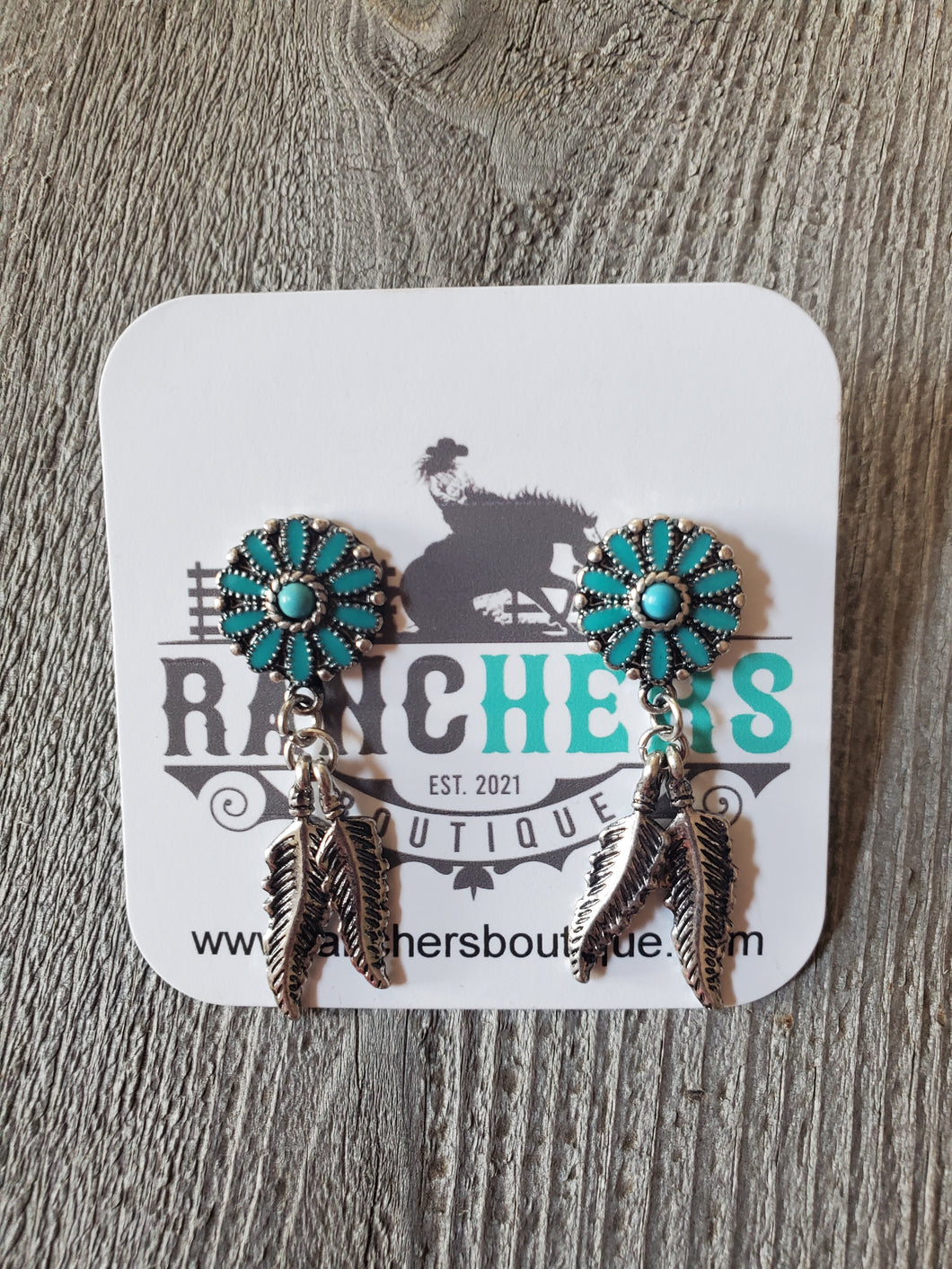 Turquoise Semi Stone with silver feathers Earrings