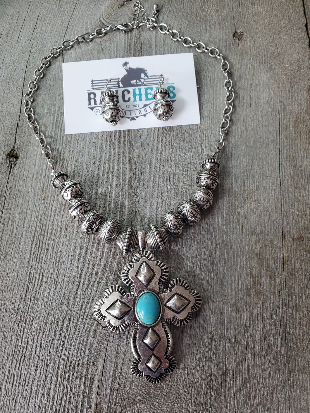 Western Silver & Turquoise  Cross Pendant Necklace Set