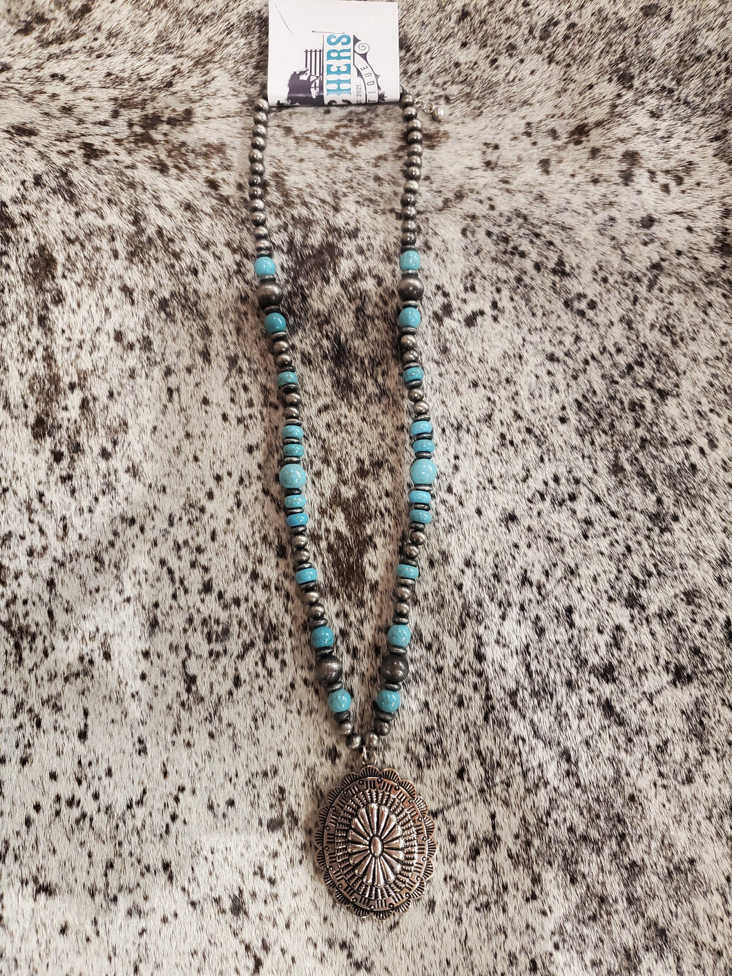 Silver Concho Pendant Necklace with Turquoise beads