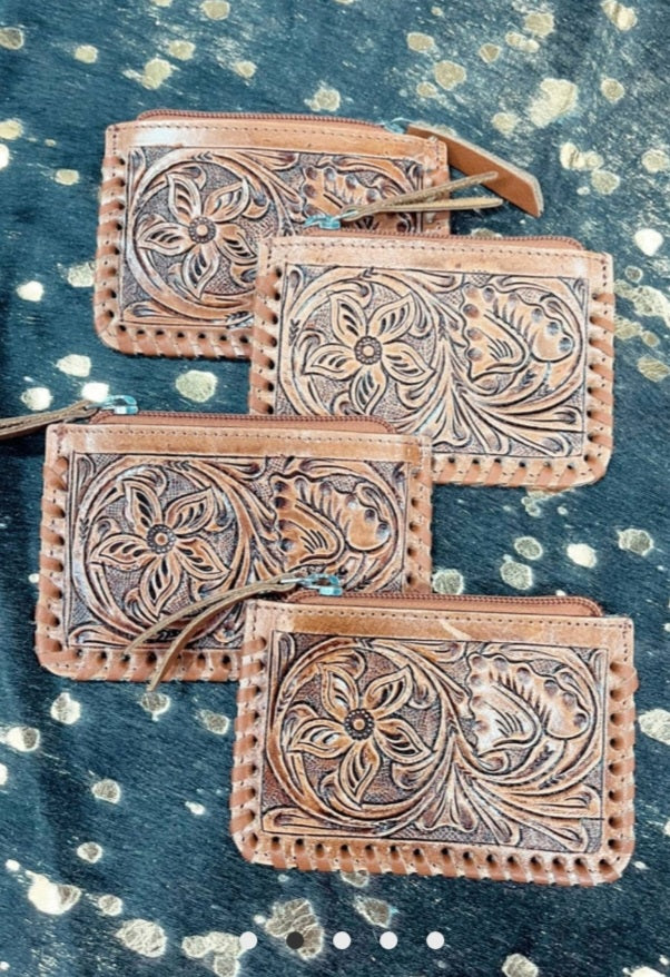 Tooled Cowhide Coin Pouch